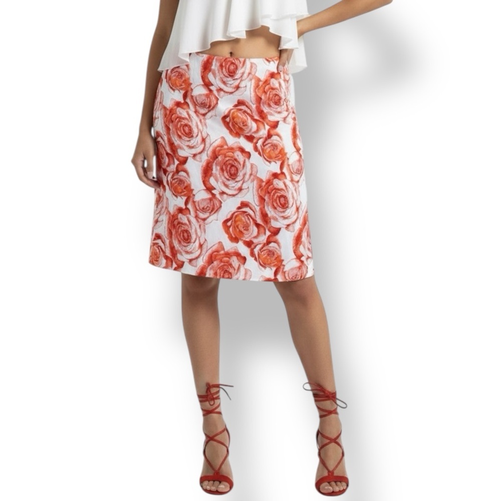 Y2K Red Rose Printed Midi Skirt Size 28’’